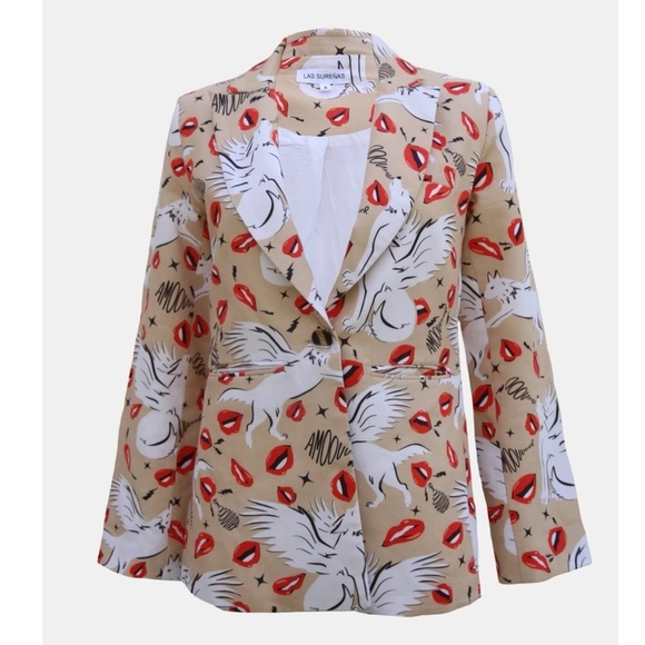 Las Surenas Jackets & Blazers - LAS SURENAS Wolf Kisses Lip Amore Print Single Button Linen Loose Fit Blazer